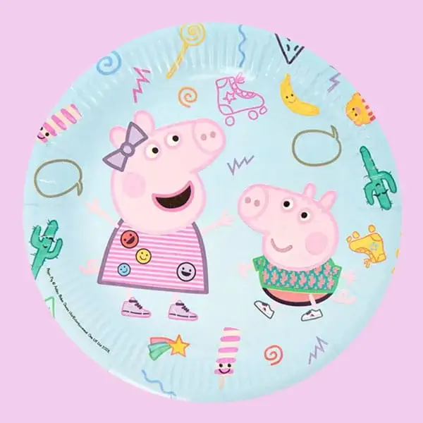 Peppa Pig themed party plate featuring Peppa and George surrounded by colourful sweets, doodles, and playful party graphics.